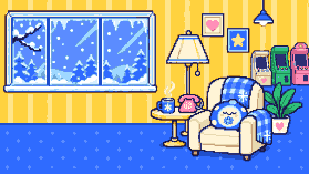 A cozy corner with an armchair, a phone and snow outside