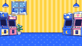 A quiet arcade lounge, machines asleep, snow outside